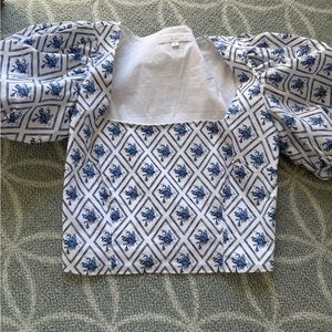Caroline Constas Tessa Cotton Blend Blue and White Floral Puff Sleeve Top
